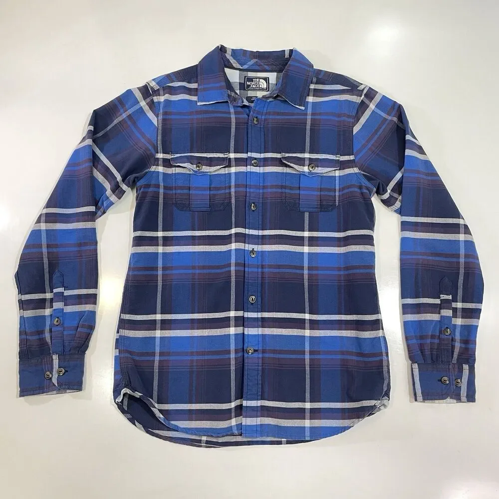 The North Face Plaid Flannel Shirt Men's Size Small Blue Gray Long Sleeve Cotton